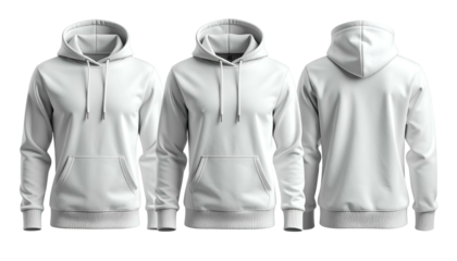 Three views of a white hoodie front, angled, and back
