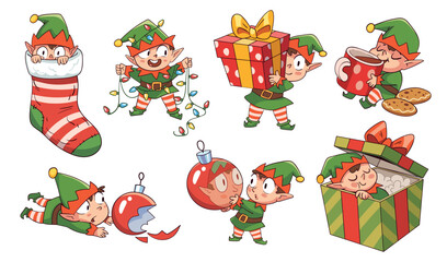Cute Christmas elves in various festive poses: hiding in a stocking, tangled in lights, carrying gifts, drinking cocoa, breaking ornaments, decorating, and peeking from a present box