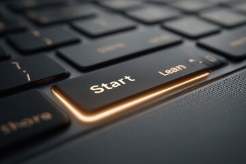 Macro studio photo of a laptop keyboard with a single glowing key symbolizing start or learn highlighting digital education and focus