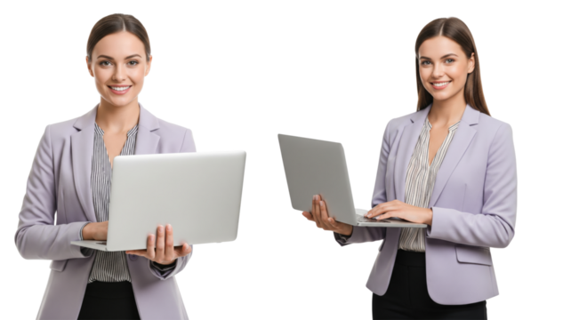 Young business women wearing light purple clothes with laptop isolated on white or transparent background - Powered by Adobe