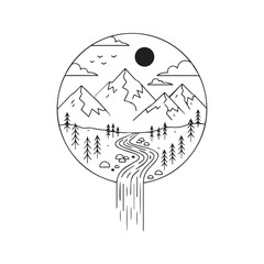 Hand drawn minimalist mountain landscape with pine trees, river, and waterfall in black ink line art style.
