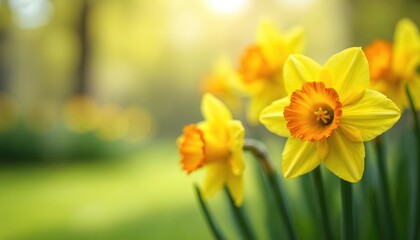 Obraz premium Yellow daffodils bloom in a garden with soft green blurred background. Bright sunlight illuminates the spring flowers in nature. This scene evokes feelings of joy and renewal.