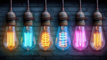 Neon light bulb and sign designs featuring glowing vintage and modern lamps and vibrant neon colors perfect for digital art and marketing visuals.