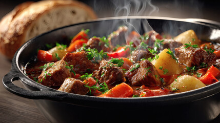 Hearty, steamy Beef Stew with Vegetables in an iron skillet and Bread