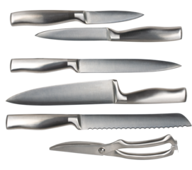 studio shot of a variety of six modern stainless steel kitchen knives, including paring, chef's, bread, and carving knives, staged on black backdrop