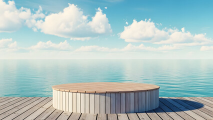 Obraz premium Serene wooden dock with ocean view and cloudy blue sky