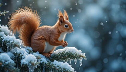 A beautiful, fluffy red squirrel sits carefully on a thick, snow-covered pine branch in a frosty forest.