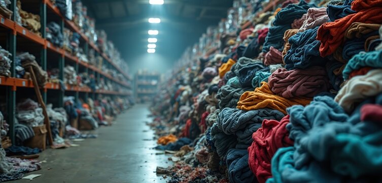 Vast warehouse filled with piles of discarded clothes creating mountains of textile waste. Shelves stacked high with garments, mass consumption, production issues. Environmental problem.