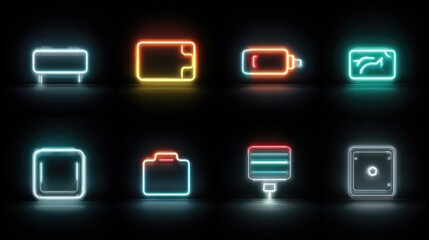 Neon light tubes forming icon shapes with glowing outlines, futuristic digital design, and bright neon elements for tech and business visuals