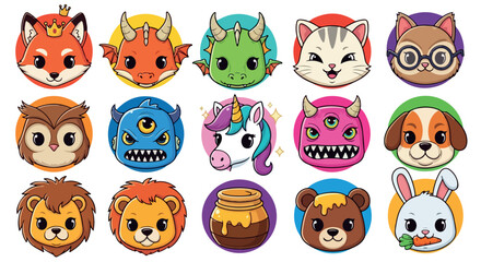 Naklejka premium Animal character icons set with colorful circles