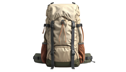 Tan and brown hiking backpack with straps and pockets on a black background
