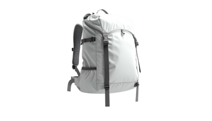 A white backpack with grey straps, pockets, and buckles sits against a black background
