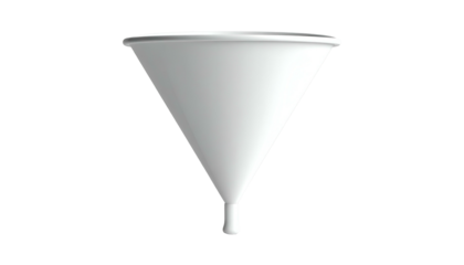 A white, cone-shaped laboratory tool with a wide mouth and narrow outlet, against black