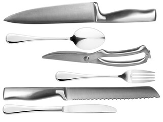 Obraz premium studio photograph of assorted silver kitchen cutlery arranged on a transparent background, including knives, spoons, a pair of shears, and a fork, shiny and metallic