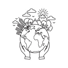 Hand holding planet Earth with trees, nature, sun, and city buildings, black and white line art illustration for coloring book page.
