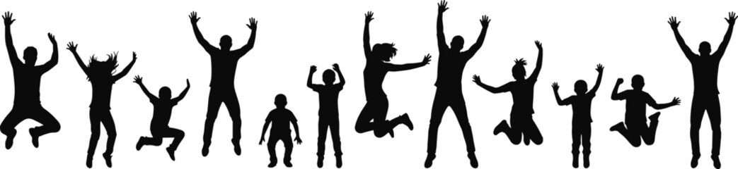 Happy people silhouettes jumping with raised hands, joyful celebration, freedom, success, teamwork, positive energy, unity, isolated black figures