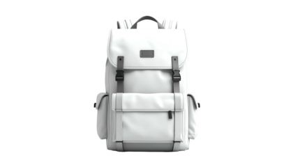 3D rendered, pristine white backpack with multiple compartments and clasps, isolated on black
