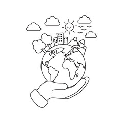 Hand holding planet Earth with trees, nature, sun, and city buildings, black and white line art illustration for coloring book page.
