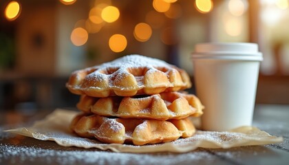 Stack of golden waffles dusted with powdered sugar next to a coffee cup. Soft bokeh lights in background create warm cozy atmosphere, perfect for brunch or breakfast.