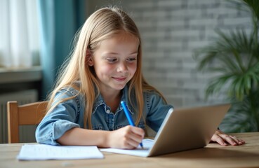 Young girl with blonde hair writes in notebook with pen. She studies online using laptop computer. Child does homework on desk at home. Focus on education.