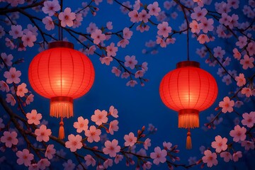 Obraz premium Vibrant red Chinese lanterns glowing among delicate cherry blossoms under a deep blue evening sky, evoking festive romance, cultural celebration, travel inspiration, and seasonal decor imagery.