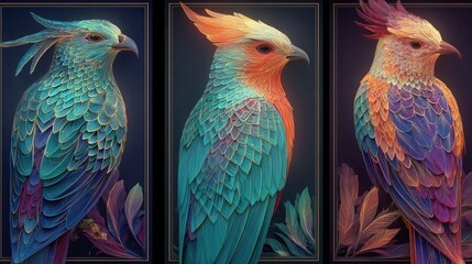 Neon mythical bird illustrations glowing with vibrant neon colors, fantasy wildlife digital art, bright glowing mythical creatures on dark backgrounds
