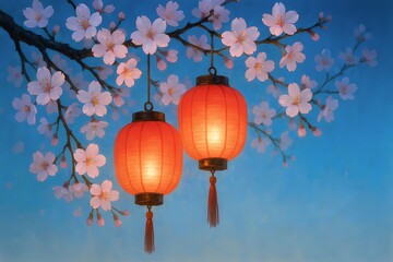 Obraz premium Soft pink cherry blossoms frame two glowing red lanterns, creating a serene, festive scene suitable for spring, celebration, or Asian cultural themes.