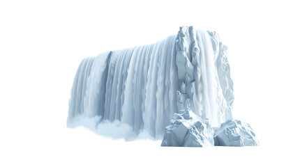 A digitally rendered waterfall cascades over a rocky cliff face, white on black backdrop