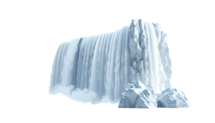 A digitally rendered waterfall cascades over a rocky cliff face, white on black backdrop