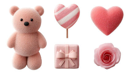 Cute Pink Bear and Heart-Shaped Objects on Transparent Background for Illustration