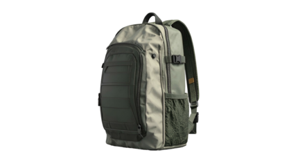Angled shot of an olive green and gray backpack with multiple compartments and straps