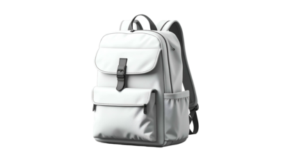A crisp white backpack with a pocket flap and a handle, on a black background