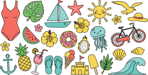 Adorable Hand-Drawn Summer Vacation and Beach Travel Doodle Collection Featuring Swimwear, Tropical Fruits, Sea Life, and Holiday Icons Vector Set. © Bahadur