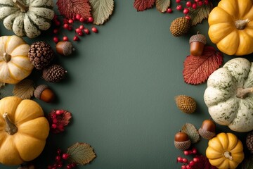 Fototapeta premium Autumn Harvest: Gourds, Acorns, and Leaves on a Rustic Green Background