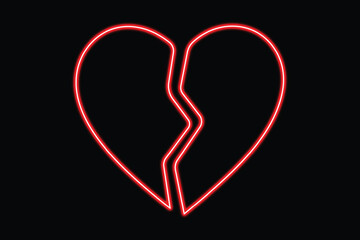 A luminous red neon sign depicting a broken heart against a dark background