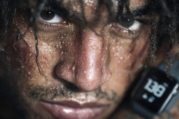 High contrast studio photo of an athlete using a modern smartwatch during intense training showing heart rate focus energy and performance