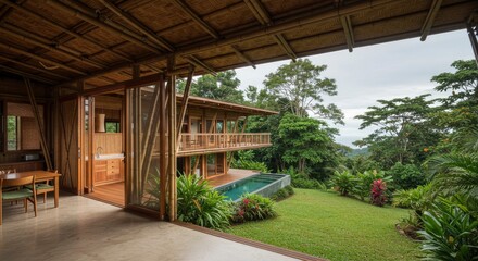 Fototapeta premium Eco-friendly Bamboo House with Infinity Pool in Lush Tropical Jungle
