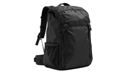 Angled shot of a modern black backpack on a dark background. Exterior features are prominent
