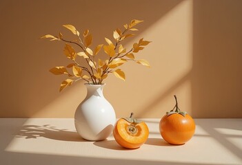 Aesthetic Autumn Still Life with Persimmon and Yellow Branches in White Vase, Minimalist Studio Setting [with copy space]