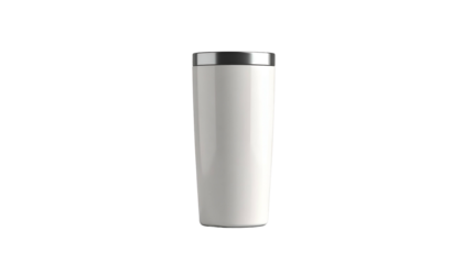 A tall, white travel tumbler with a metallic rim and lid, isolated on black