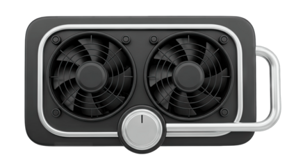 Black Dual Fan Device with Silver Handle and Knob Isolated