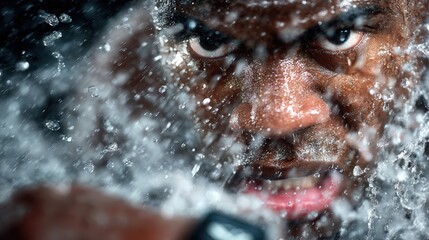 High contrast studio photo of an athlete using a modern smartwatch during intense training showing heart rate focus energy and performance