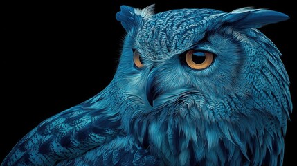 Neon owl portrait glowing eyes, detailed luminous feathers, futuristic wildlife neon art with electric blue highlights, mysterious nocturnal bird design on black background