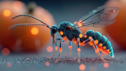 Neon parasitic wasp injecting egg into caterpillar on peach surface, glowing macro scene showing insect interaction in surreal stylized lighting
