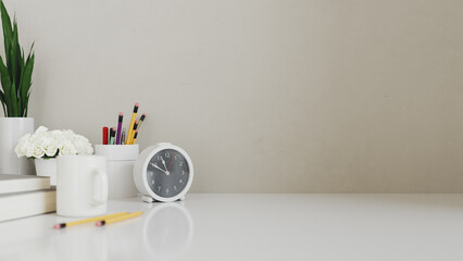 Bright minimalist workspace with books and white clock copy space. 3d rendering
