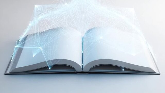 Open book with glowing blue lines and digital network connections