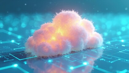 Glowing digital cloud with neon light on circuit board. Futuristic concept of AI data and global network connection. Abstract tech background with soft bokeh.