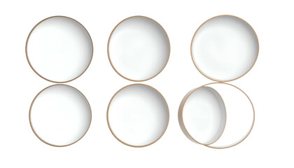 Six white dinner plates with tan rims, arranged in two rows, one plate partially cut
