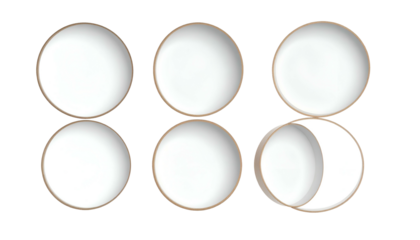 Six white dinner plates with tan rims, arranged in two rows, one plate partially cut