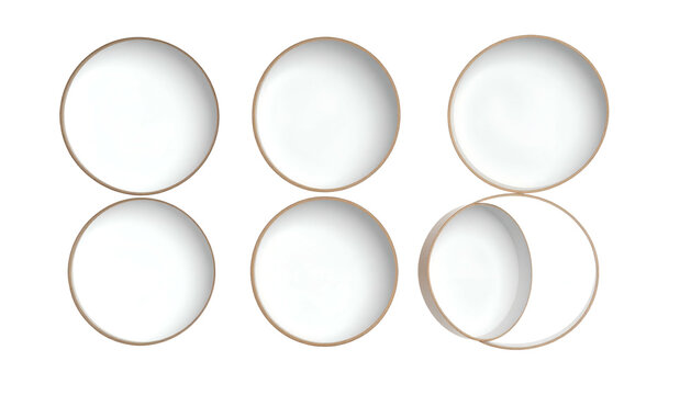 Six white dinner plates with tan rims, arranged in two rows, one plate partially cut - Powered by Adobe